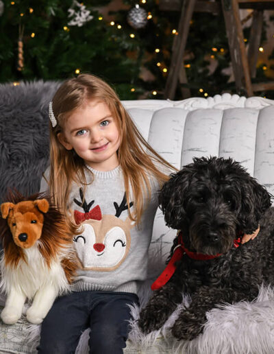 A young girl sitting on a couch in front of Christmas decorations posing with a stuffed animal of a dog and a real dog on each side of her