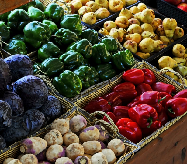 Bins of fresh produce for sale